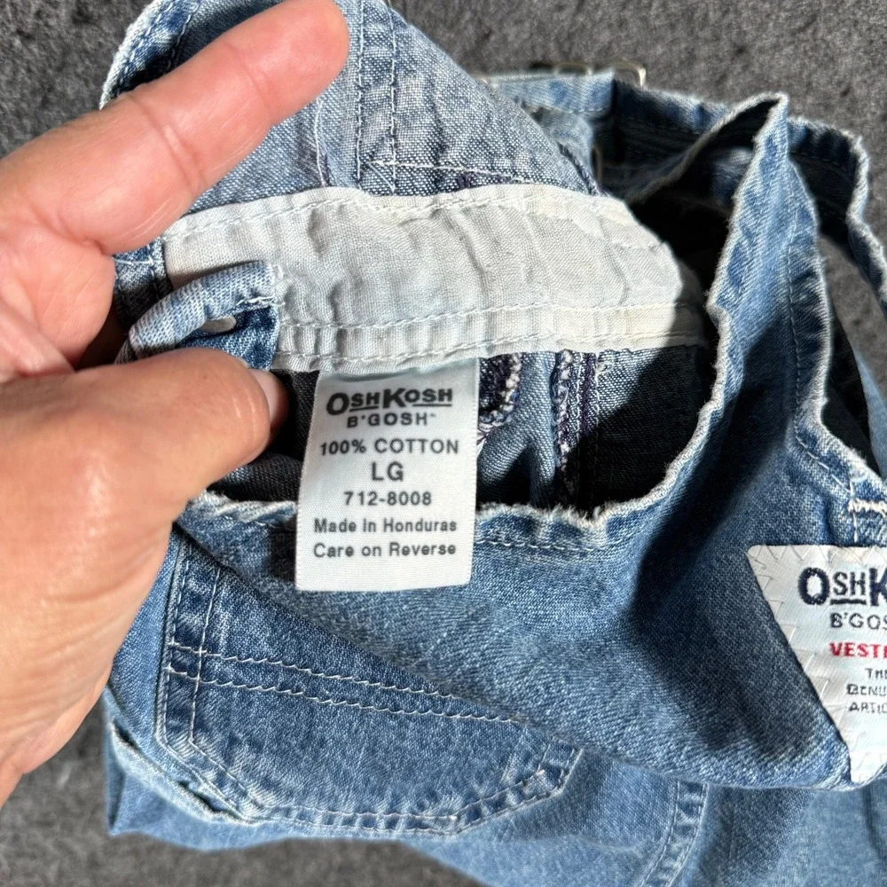 OshKosh B'Gosh Vintage Blue Denim Shortalls Vestbak Baby Size LG 100% Cotton